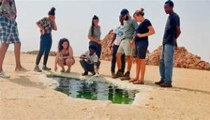 Danakil Depression – Volcanic Wonders 2 Tourists gathered around a small water hole in Ethiopia’s Danakil Depression, surrounded by arid desert and mineral formations.