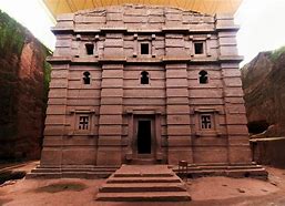 Ground-level view of Lalibela’s rock-hewn churches in Ethiopia, showing carved stone walls, entrances, and surrounding pathways.