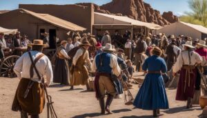 Guided Tours and Reenactments: Experiencing the Viking Age 2 Actors in historical costumes performing a reenactment in Quartzsite, with period props and set pieces bringing history to life.