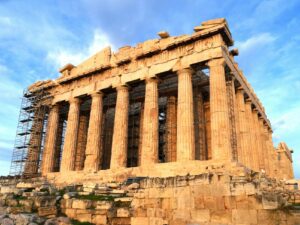 Panoramic view of famous ancient Greek ruins and historic buildings, including temples and amphitheaters, perfect for a holiday or winter adventure.