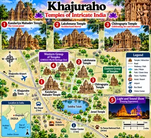 Map of Khajuraho, India, highlighting Kandariya Mahadev Temple, Lakshmana Temple, Chitragupta Temple, Western and Eastern temple groups, nearby attractions, transportation, and a mini map showing Khajuraho’s location in India.
