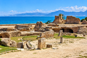Ancient Carthage ruins overlooking the blue Mediterranean Sea with stone walls, columns, palm trees, and mountains in Tunisia.