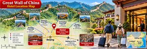 History of the Great Wall 7 Illustrated Great Wall of China travel map highlighting Badaling, Mutianyu, Jinshanling, and Simatai, with Beijing, the Forbidden City, Terracotta Army in Xi'an, a scenic hotel entrance with travelers, and a mini locator map of China.