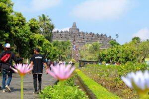 🌄 Explore Borobudur, Indonesia: Majestic Temples, Sunrise Views & Cultural Adventures 4 Several acorn-shaped stupas and a temple at Borobudur, Indonesia, surrounded by woods at sunrise.