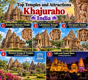 Collage of top temples and attractions in Khajuraho, India, featuring Kandariya Mahadev Temple, Lakshmana Temple, Chitragupta Temple, the Western Group of Temples, intricate stone carvings, and an evening light and sound show.