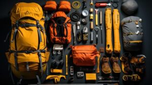 Hiking gear and outdoor adventure equipment featuring backpacks, hiking boots, trekking poles, survival supplies, and camping essentials displayed in a scenic mountain landscape.