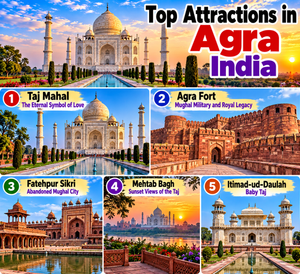 Agra – The Iconic Taj Mahal & Fort: A Traveler’s 2 Colorful travel collage showcasing the top five attractions in Agra, India, including the magnificent Taj Mahal, historic red sandstone Agra Fort, Fatehpur Sikri, scenic Mehtab Bagh gardens overlooking the Taj Mahal, and the beautiful marble tomb of Itimad-ud-Daulah, known as the Baby Taj.
