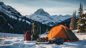 A snow-covered mountain and forest campsite featuring a pitched tent surrounded by backpacks and camping gear, capturing the essence of a winter outdoor adventure.