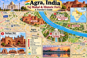 Agra – The Iconic Taj Mahal & Fort: A Traveler’s 5 Illustrated tourist map of Agra, India, highlighting five famous attractions: the Taj Mahal, Agra Fort, Fatehpur Sikri, Mehtab Bagh, and Itimad-ud-Daulah (Baby Taj). Features the Yamuna River, major roads, scenic landmark illustrations, and a mini map showing Agra's location in India.