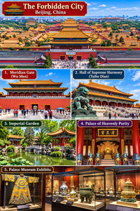 Colorful illustrated collage of the Forbidden City in Beijing, China, featuring Meridian Gate, Hall of Supreme Harmony, Imperial Garden, Palace of Heavenly Purity, and Palace Museum exhibits with imperial robes, porcelain, and ancient Chinese treasures.