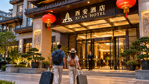 Two travelers carrying backpacks and rolling suitcases walk toward an elegant Xi’an hotel entrance in China. The hotel features traditional Chinese architecture, glowing red lanterns, decorative wooden panels, landscaped gardens, and a welcoming doorman standing near the brightly illuminated lobby.