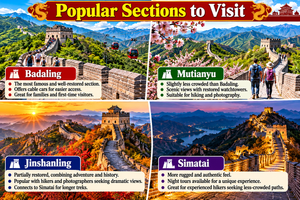 History of the Great Wall 2 Colorful four-panel collage of the Great Wall of China featuring Badaling with cable cars and visitors, Mutianyu with scenic mountain views and restored watchtowers, Jinshanling with rugged stone pathways at sunset, and Simatai illuminated at night.