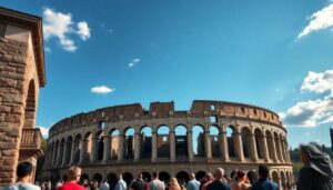 Visitors standing in front of the Colosseum in Rome, Italy, admiring the historic amphitheater.
