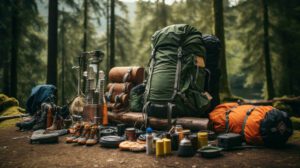 Camping gear essentials including a tent, sleeping bag, backpack, and portable stove set up at a scenic outdoor campsite.