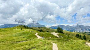 Group of hikers walking along a scenic mountain trail surrounded by greenery and distant peaks.
