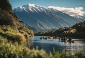 Seven canoes on a lake with forested mountains and lush vegetation along the shore in New Zealand.