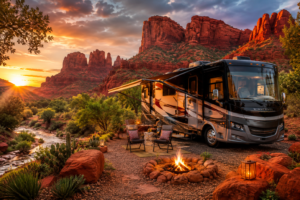 🏜️ Sedona, Arizona Red Rock Adventures, RV-Friendly Stays & Scenic Getaways🌄 1 Luxury RV campsite in Sedona, Arizona with glowing fire pit, outdoor seating, desert vegetation, and dramatic red rock formations at sunset beside a scenic creek.