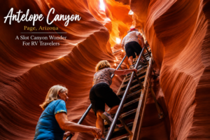 Hikers ascending a metal ladder inside Antelope Canyon, surrounded by smooth, flowing orange and red sandstone walls illuminated by sunlight streaming through a narrow slot canyon opening.
