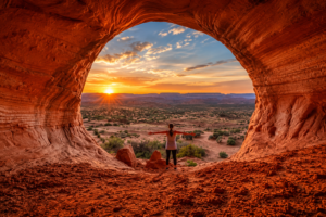 🌊 Lake Powell (Page, Arizona) Waterfront RV Camping 5 Traveler standing inside a massive red rock cave opening overlooking a glowing desert canyon landscape at sunset with dramatic skies and sweeping Southwest scenery.