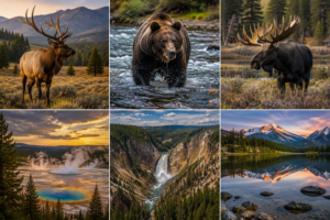 Yellowstone National Park wildlife and scenery collage featuring elk, grizzly bear, moose, geothermal hot springs, canyon waterfalls, mountain lakes, forests, and scenic wilderness landscapes.