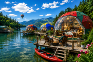 Luxury waterfront glamping domes with colorful interiors and scenic outdoor decks overlooking a crystal-clear lake surrounded by mountains, featuring relaxing travelers, a red kayak, and a rainbow hot air balloon floating in the distance beneath a bright blue sky.