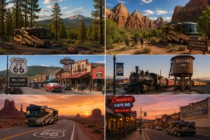Southwest RV adventure collage featuring Flagstaff pine forest camping, Zion National Park canyon scenery, Route 66 in Williams Arizona, historic trains, desert highways, and scenic RV travel landscapes.