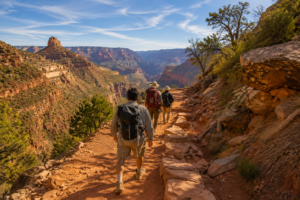 Hikers walking along a rugged canyon trail with steep red rock cliffs and mesas in the distance under a clear blue sky, bathed in warm golden-hour light.