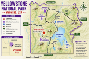 Old Faithful Geyser – Yellowstone’s Iconic Natural Wonder 5 Illustrated map of Yellowstone National Park, Wyoming, USA, highlighting Old Faithful, Yellowstone Lake, Lamar Valley, Mammoth Hot Springs, major geyser basins, waterfalls, park entrances, and the Grand Loop Road.