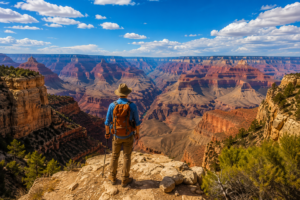 Solo hiker standing at the edge of a breathtaking Grand Canyon overlook with panoramic red rock canyon views, towering cliffs, and dramatic desert landscapes beneath a bright blue sky.