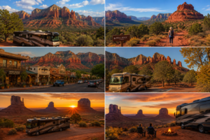Sedona and Monument Valley collage featuring RV travel, red rock cliffs, scenic desert hiking, Monument Valley buttes, Southwest sunsets, boutique downtown scenery, and Arizona desert landscapes.