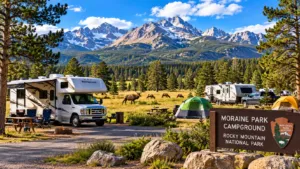 Moraine Park Campground in Rocky Mountain National Park featuring RVs, tents, grazing elk, pine forests, open meadows, and dramatic snow-covered mountain peaks.