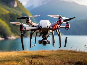 Black drone with red markings and lights taking off during the day.