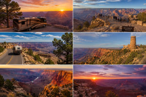 Grand Canyon National Park collage featuring South Rim overlooks, Desert View Drive, scenic RV travel, canyon sunsets, Mather Point, panoramic viewpoints, and dramatic Arizona canyon landscapes.