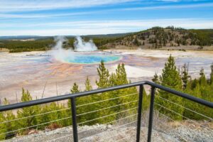 View of a Yellowstone geyser from behind a steel railing, with trees and rolling hills in the background.