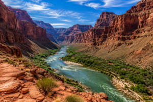 Panoramic view overlooking the Colorado River winding through the heart of the Grand Canyon, surrounded by towering red rock cliffs, rugged canyon walls, desert vegetation, and a brilliant blue sky.