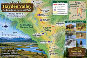 Colorful illustrated map of Hayden Valley in Yellowstone National Park showing the Yellowstone River, Grand Loop Road, scenic viewpoints, nearby destinations, and wildlife.