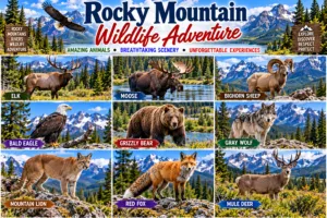 Rocky Mountain National Park: RV & Camping Essentials ?️?? 3 Rocky Mountain wildlife collage featuring elk, moose, bighorn sheep, bald eagle, grizzly bear, gray wolf, mountain lion, red fox, and mule deer surrounded by mountain scenery.