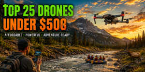 ✈️🎁 🌈Top 25 Drones & Accessories Under $500 – Holiday 2025 Gift Guide 1 Top 25 Drones Under $500 featuring a drone pilot beside a mountain river, whitewater rafting adventure, wildlife, and an affordable drone flying over a scenic outdoor landscape at sunset.