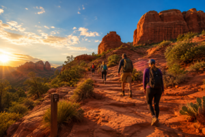 🏜️ Sedona, Arizona Red Rock Adventures, RV-Friendly Stays & Scenic Getaways🌄 2 Hikers walking along a scenic red rock trail in Sedona, Arizona during sunset with towering canyon formations, desert vegetation, and glowing golden light across the landscape.