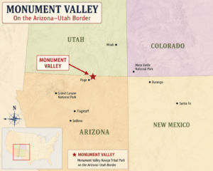 Monument Valley: Iconic Red Rock Landscape of The American Southwest 5 Map showing the location of Monument Valley Navajo Tribal Park on the Arizona–Utah border with a highlighted marker and nearby Southwest destinations.