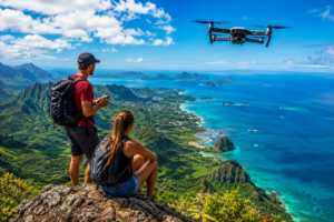 Two outdoor adventurers overlooking a breathtaking tropical coastline while flying a drone above crystal-clear blue waters, lush green mountains, and scenic islands under a bright sunny sky.