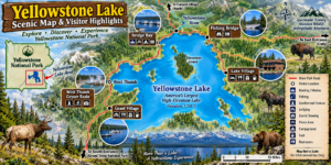Yellowstone Lake – The Heart of Yellowstone National Park 7 Illustrated Yellowstone Lake map showing Bridge Bay, Fishing Bridge, Lake Village, West Thumb, Grant Village, Stevenson Island, park roads, visitor areas, wildlife, and surrounding mountain scenery.