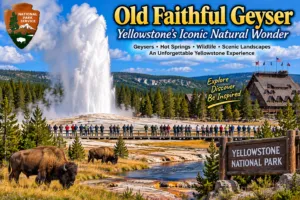 Old Faithful Geyser erupting in Yellowstone National Park with visitors on the boardwalk, bison, forests, mountain scenery, and the historic Old Faithful Inn.