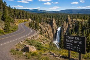 Tower Fall – Yellowstone’s Classic Waterfall 9 Scenic road winding through Yellowstone’s Tower Fall area with evergreen forests, rugged rock formations, waterfall scenery, and mountains in the distance.