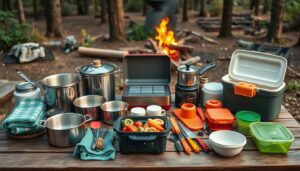 Camping cookware on a picnic table including pots, pans, knives, and a cooler.