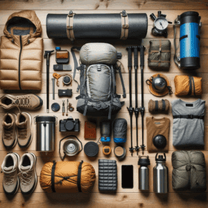 🌞🏕️⛺🎒 The Ultimate Camping & Adventure Gear Guide: 30 Tents and 20 Must-Have Outdoor Essentials 🎣🔥🍳 4 A flat-lay of backpacking essentials neatly arranged on a wooden board, including a backpack, camping gear, and travel accessories ready for an outdoor adventure.