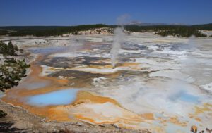 Visitors exploring Norris Geyser Basin with steam rising from geothermal features.