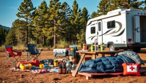 RV camper parked near a wooded area with chairs, picnic table, blanket, and camping gear set up outside for outdoor relaxation.