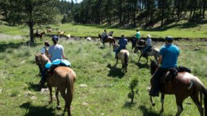 Estes Park – Gateway to The Rockies and Outdoor Adventure 1 People riding horses in a forest clearing surrounded by trees and mountains in the background.