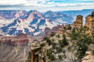 Looking down at the Grand Canyon’s many steep walls and rugged rock layers.